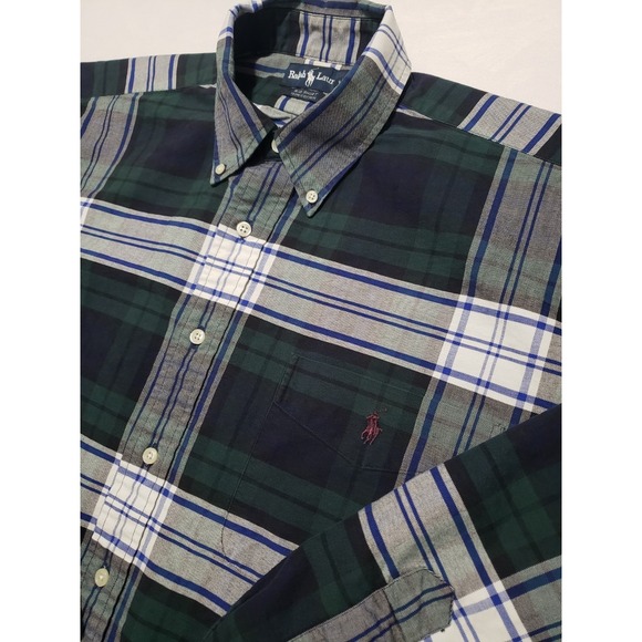 Polo Ralph Lauren L/S Oxford Button Front‎ Shirt Green White Plaid XL FLAWED - Picture 1 of 9